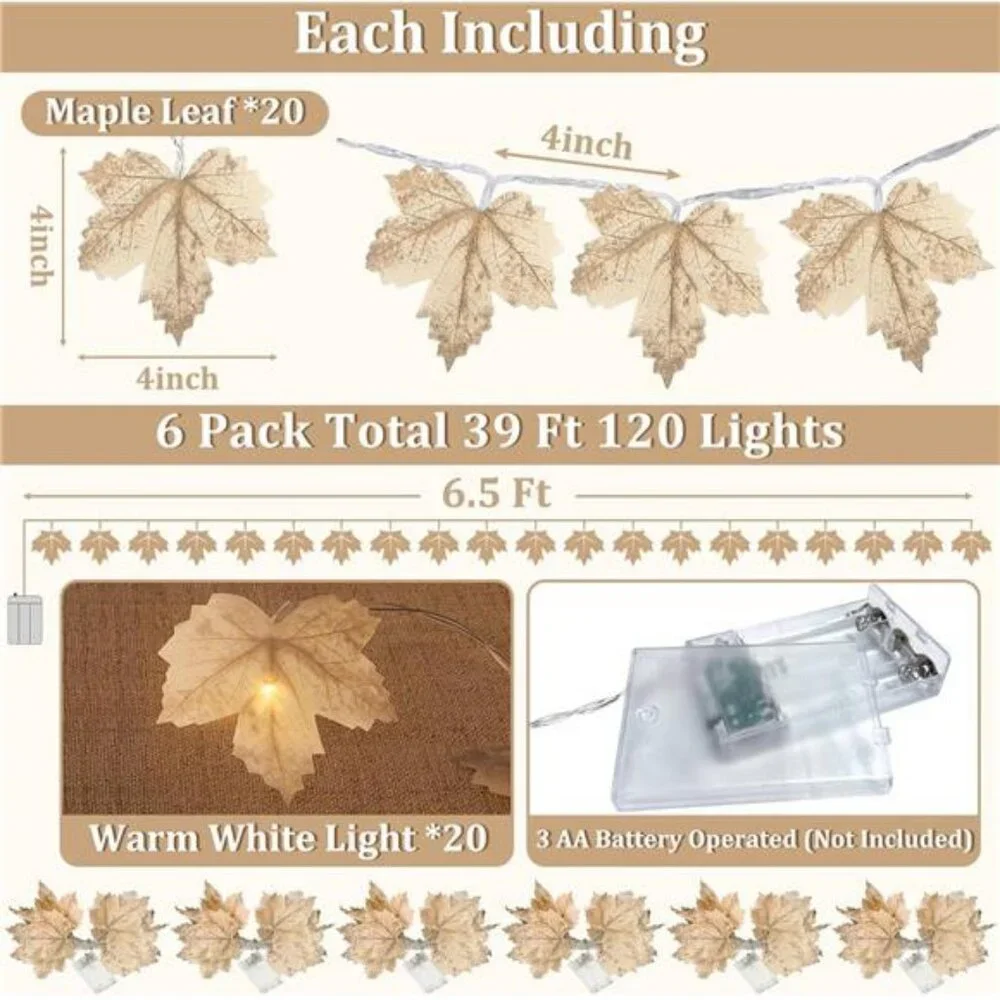 6 Pack & 120 LED Lights, Fall Garland Fall Decorations for Home, Total 39Ft